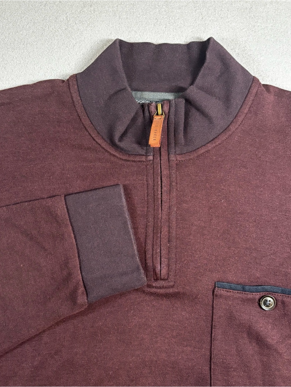Ted Baker Men's Burgundy Quarter-Zip Sweater with Chest Pocket